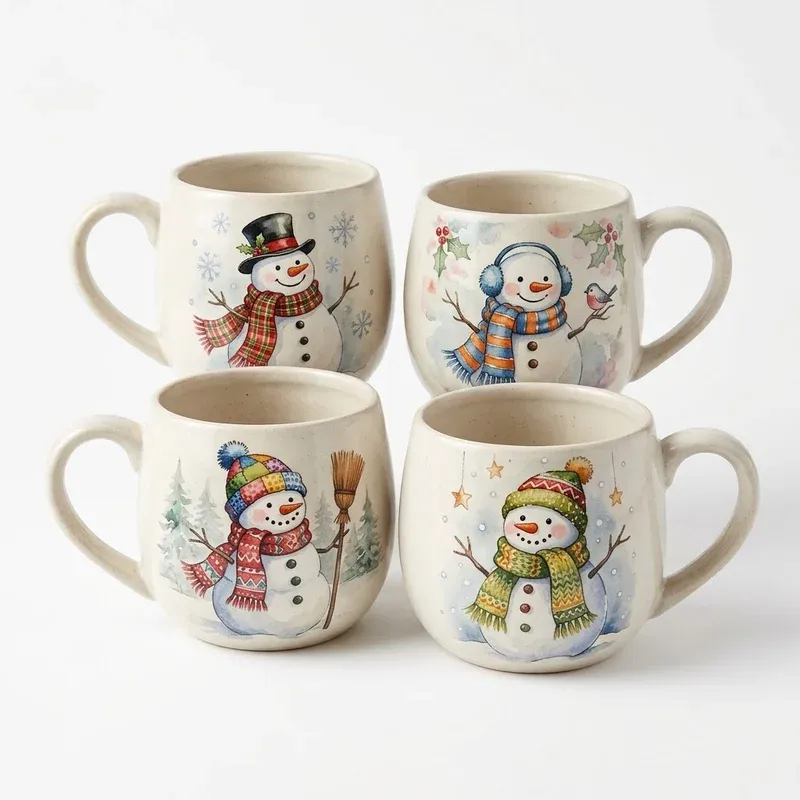 Certified International Watercolor Snowman Mugs, 16 oz, Set of 4, product photo on a white background