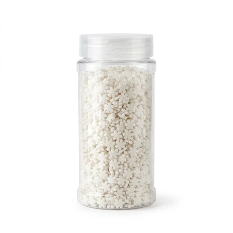 NCS Snowflake Shaped Edible Sprinkles, White, 7 oz, product photo on a white background