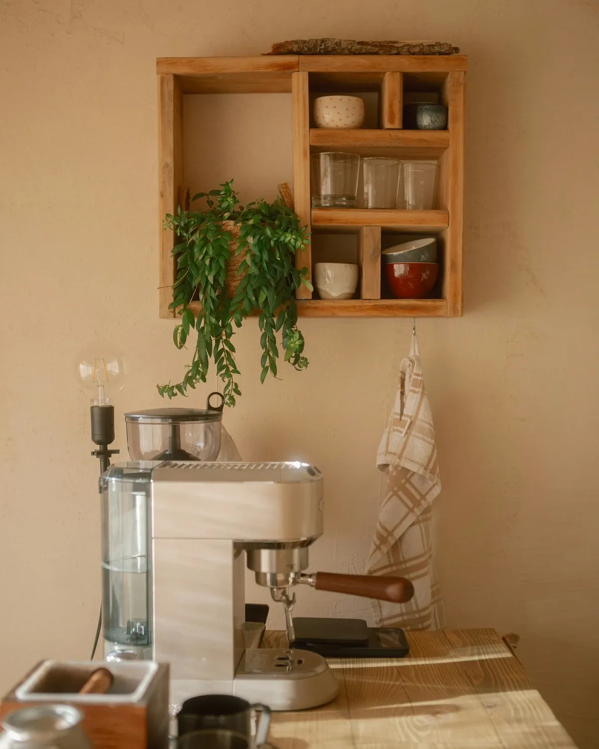 Wood cube shelf with glasses and a plant mounted above a chrome espresso machine and a grinder on a pale wood counter