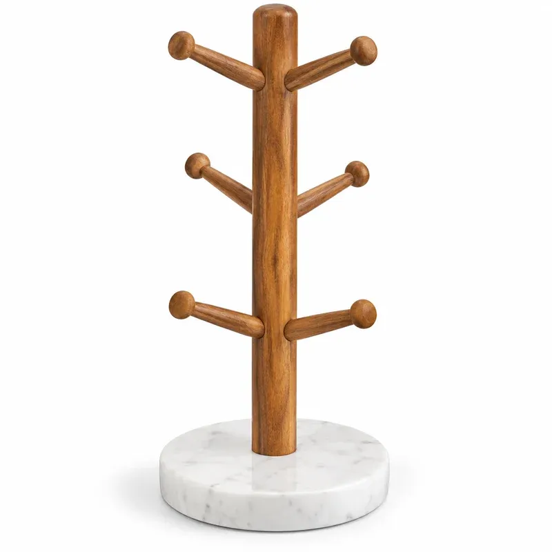 Buruis Acacia Wood Mug Tree with Marble Base, 6 Hooks, product photo on a white background