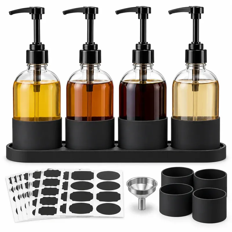 GYOSUGANG Glass Syrup Dispenser Set of 4 with Pumps and Labels, product photo on a white background